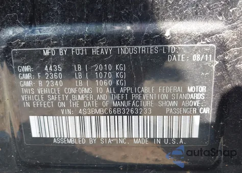 2011 Subaru Legacy 2.5I Premium from USA, damaged, VIN 4S3BMBC66B3263233